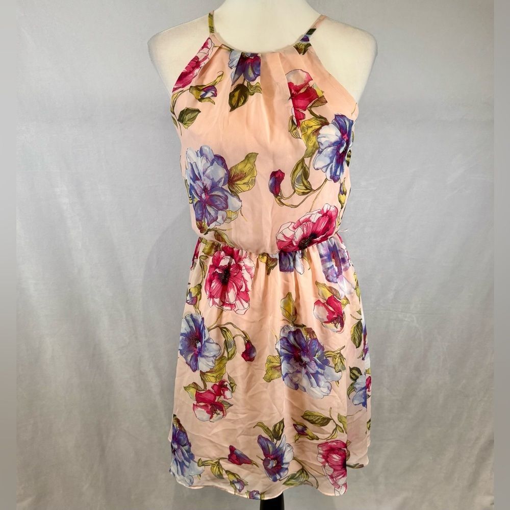 Pink floral high pleated neck chiffon dress size small